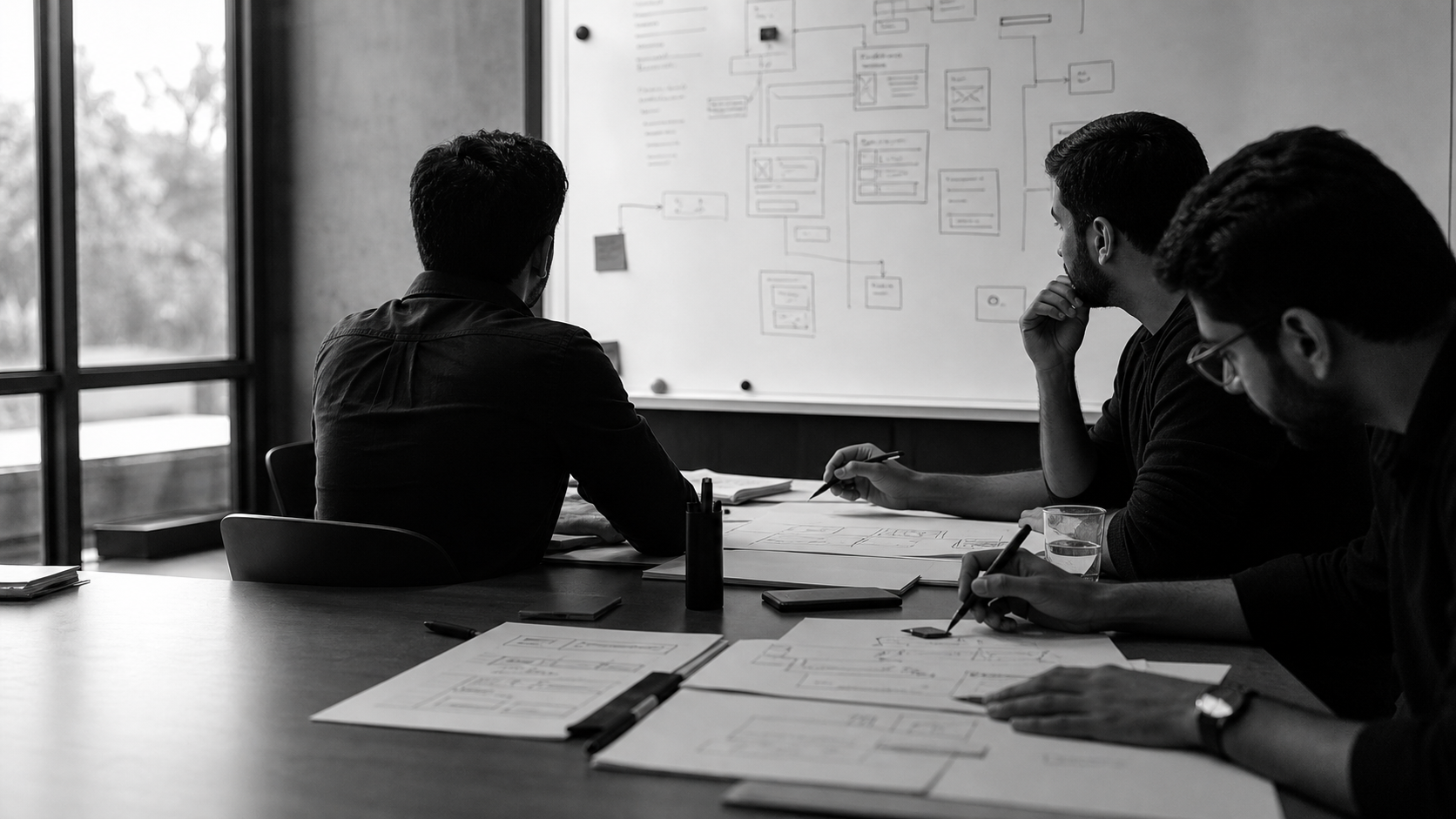 Operators working through systems diagrams in a meeting room